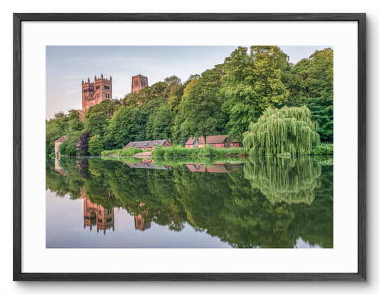 Durham Cathedral - Boathouse - Reflecting on The River Wear - Durham shown as a framed photographic print.