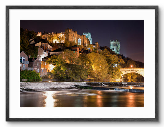 Durham Cathedral - Durham Castle - Framwellgate Bridge - At Night - Durham shown as a framed photographic print.