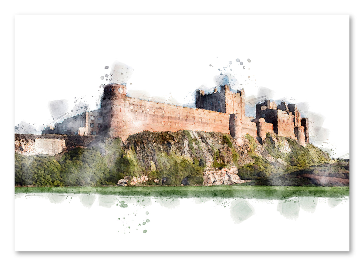 Bamburgh Castle - Digital Watercolour, Fine Art Print, Northumberland