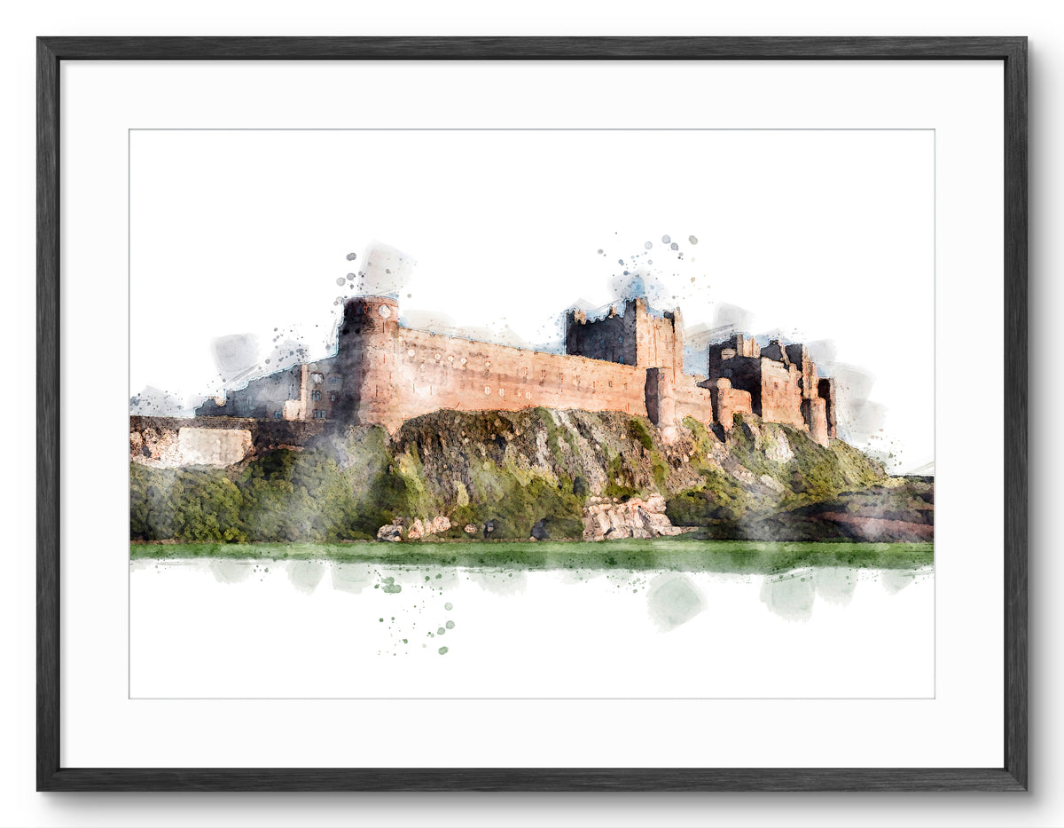 Bamburgh Castle - Digital Watercolour, Fine Art Print, Northumberland