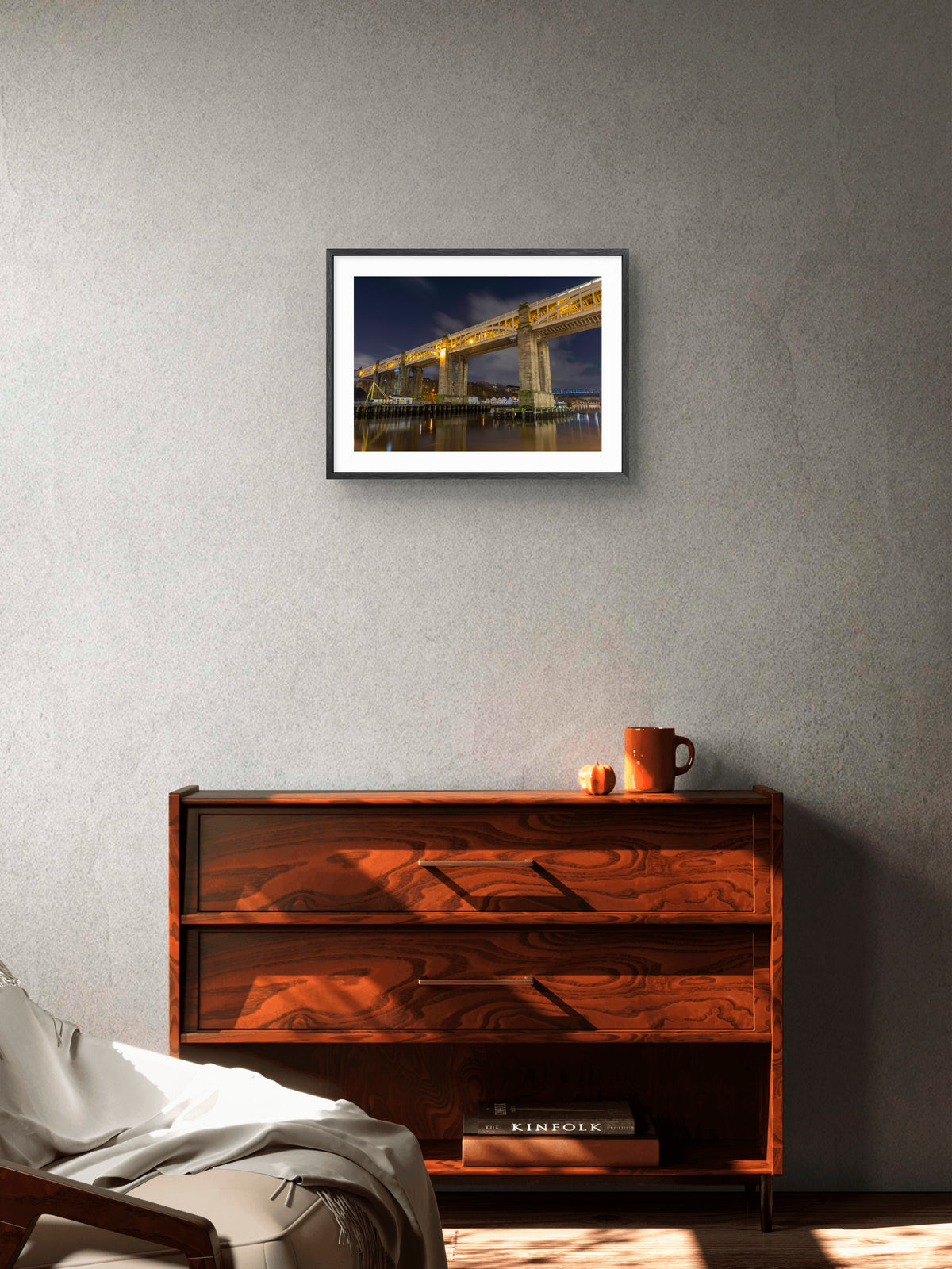 High Level Bridge - Lit up at Night - Newcastle - Gateshead wall art displayed in a styled room setting.