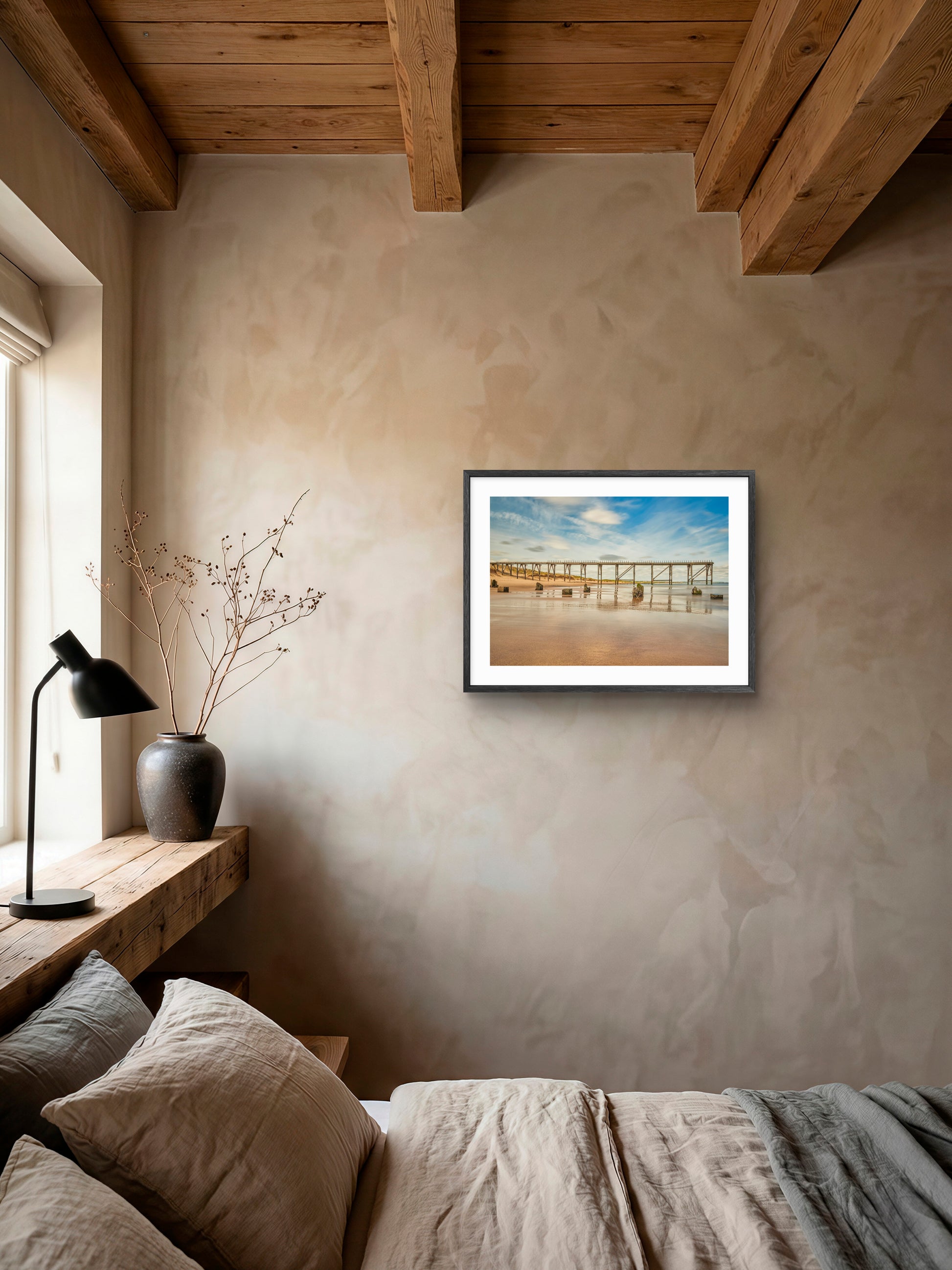 Steetley Pier and Beach - Hartlepool wall art displayed in a styled room setting.