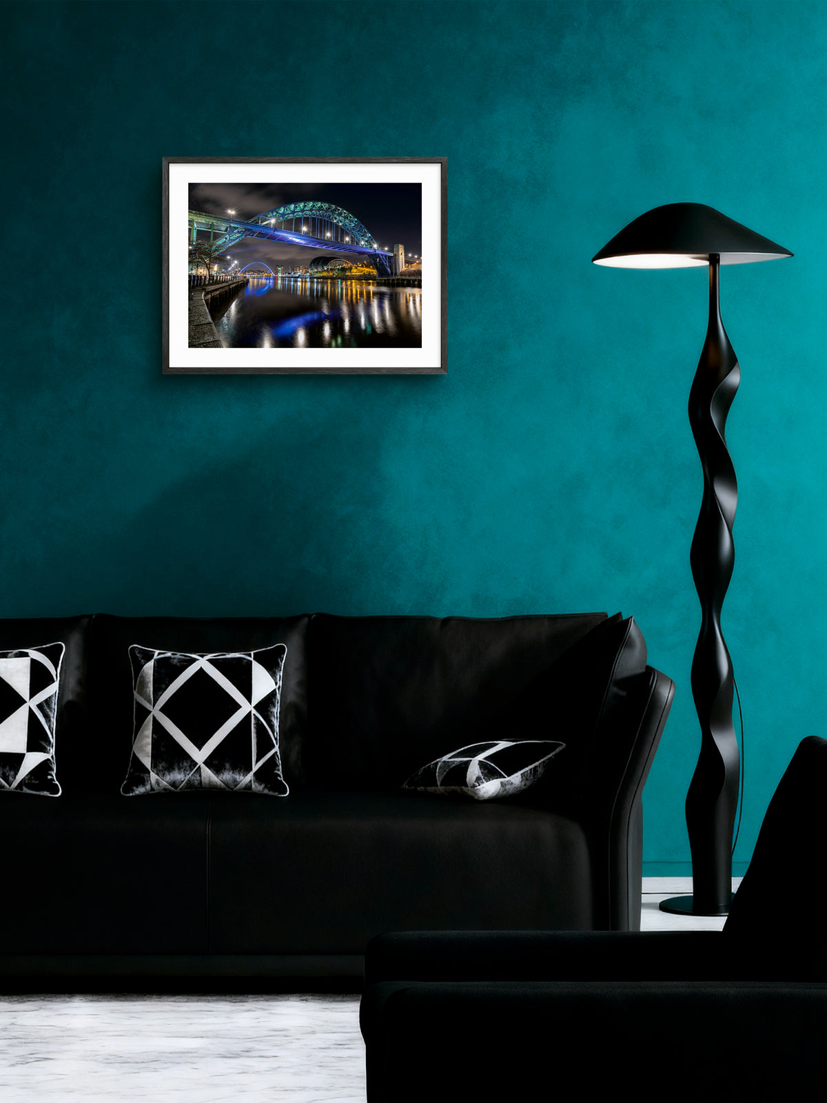 Tyne Bridge & Quayside at Night - River Tyne Reflections wall art displayed in a styled room setting.
