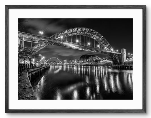 Tyne Bridge & Quayside at Night Black & White Print shown as a framed photographic print.