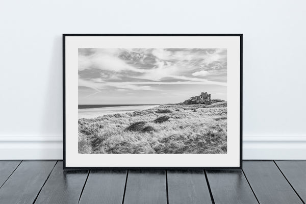Black and white Bamburgh Castle, Beach and Dunes, Northumberland