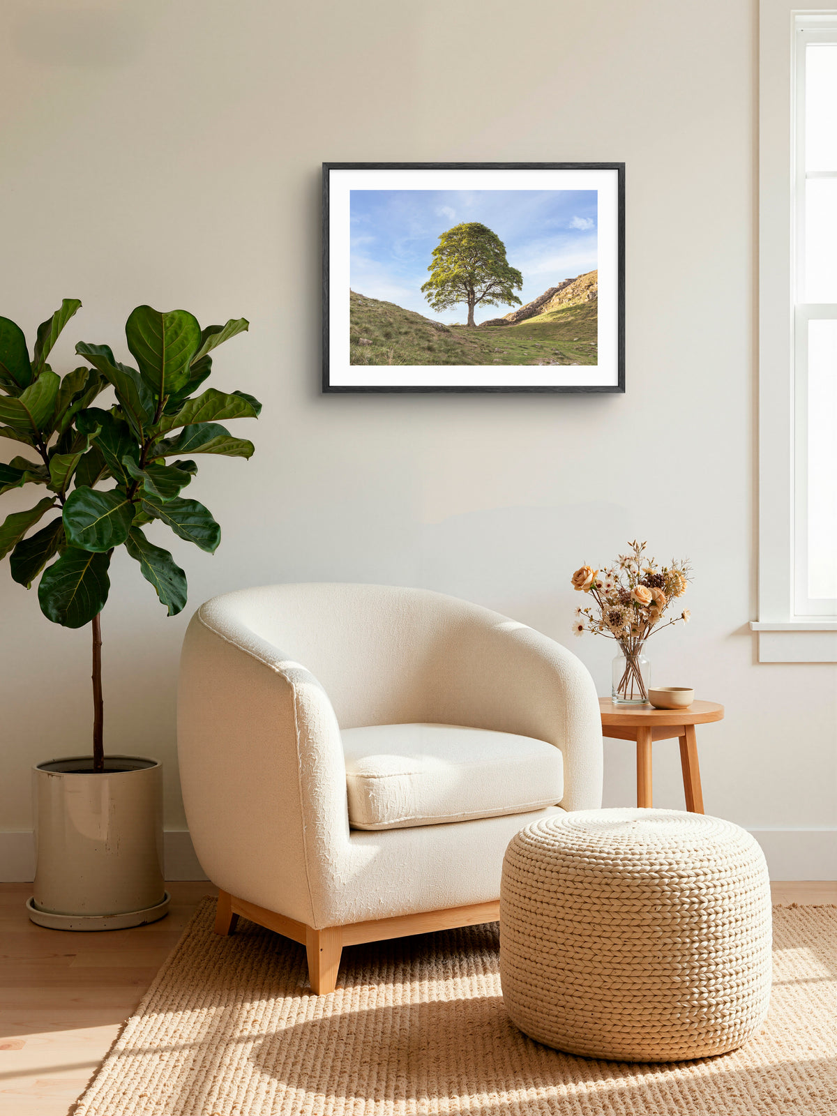 Sycamore Gap Tree - Hadrian's Wall - Northumberland wall art displayed in a styled room setting.