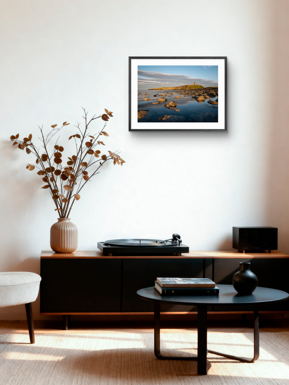Boulder Beach Death Rocks at Embleton wall art displayed in a styled room setting.