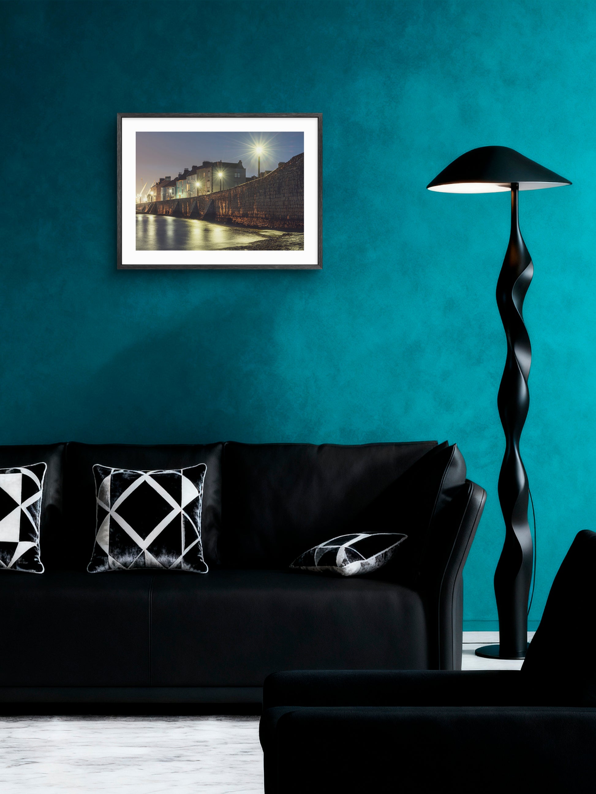 Hartlepool Headland Town Wall - Night - Hartlepool - Teesside wall art displayed in a styled room setting.