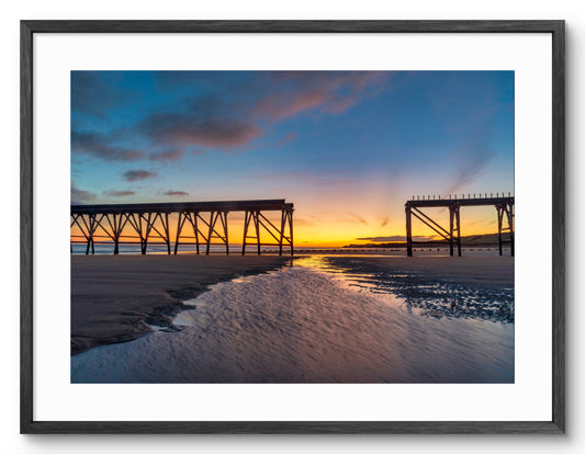 Steetley Pier - Golden Sunrise - Hartlepool - Teesside shown as a framed photographic print.