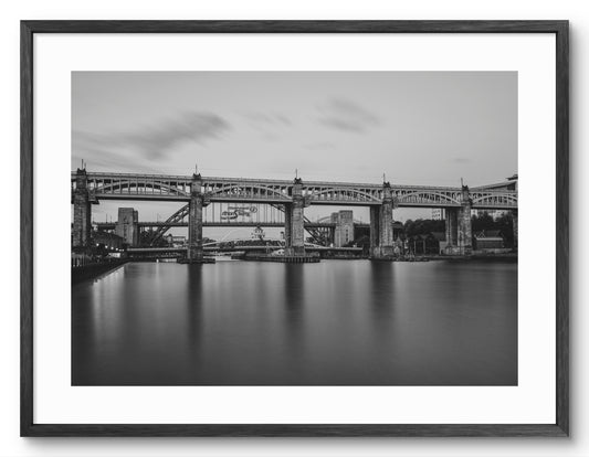 High Level Bridge - Tyne Bridge and Swing Bridge - Black and White - Newcastle and Gateshead shown as a framed photographic print.