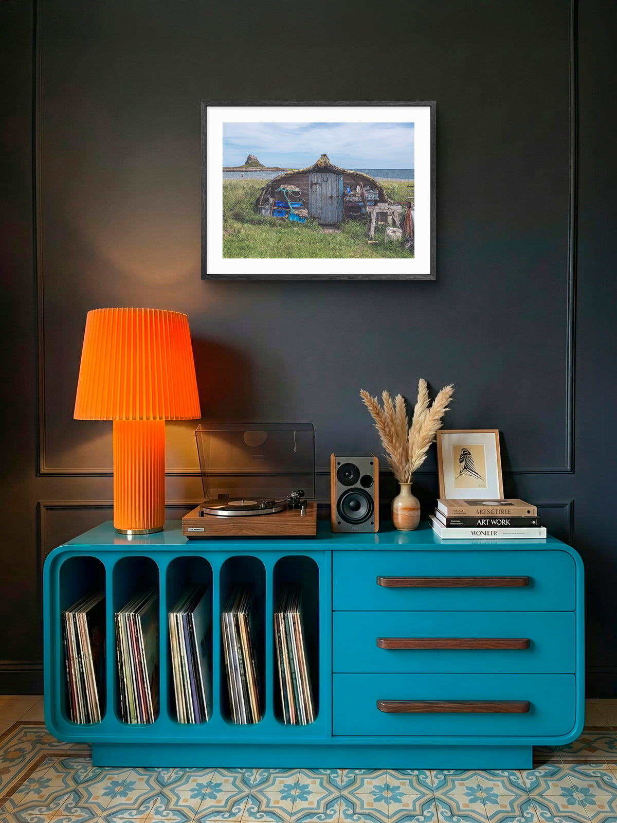Holy Island Boat Shed - Lindisfarne Castle - Northumberland wall art displayed in a styled room setting.