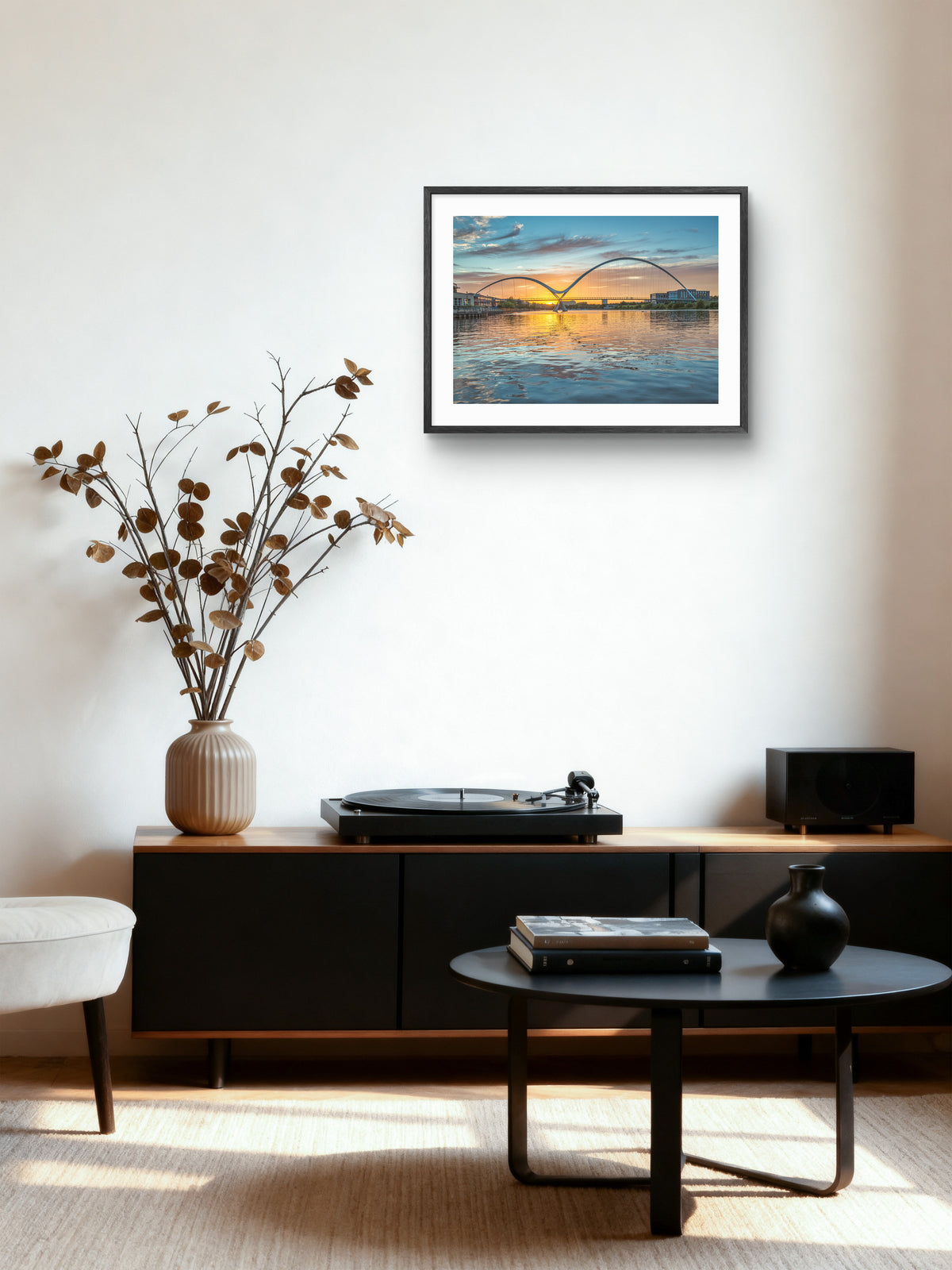 Infinity Bridge - Sunset - Last Light - Stockton on Tees wall art displayed in a styled room setting.