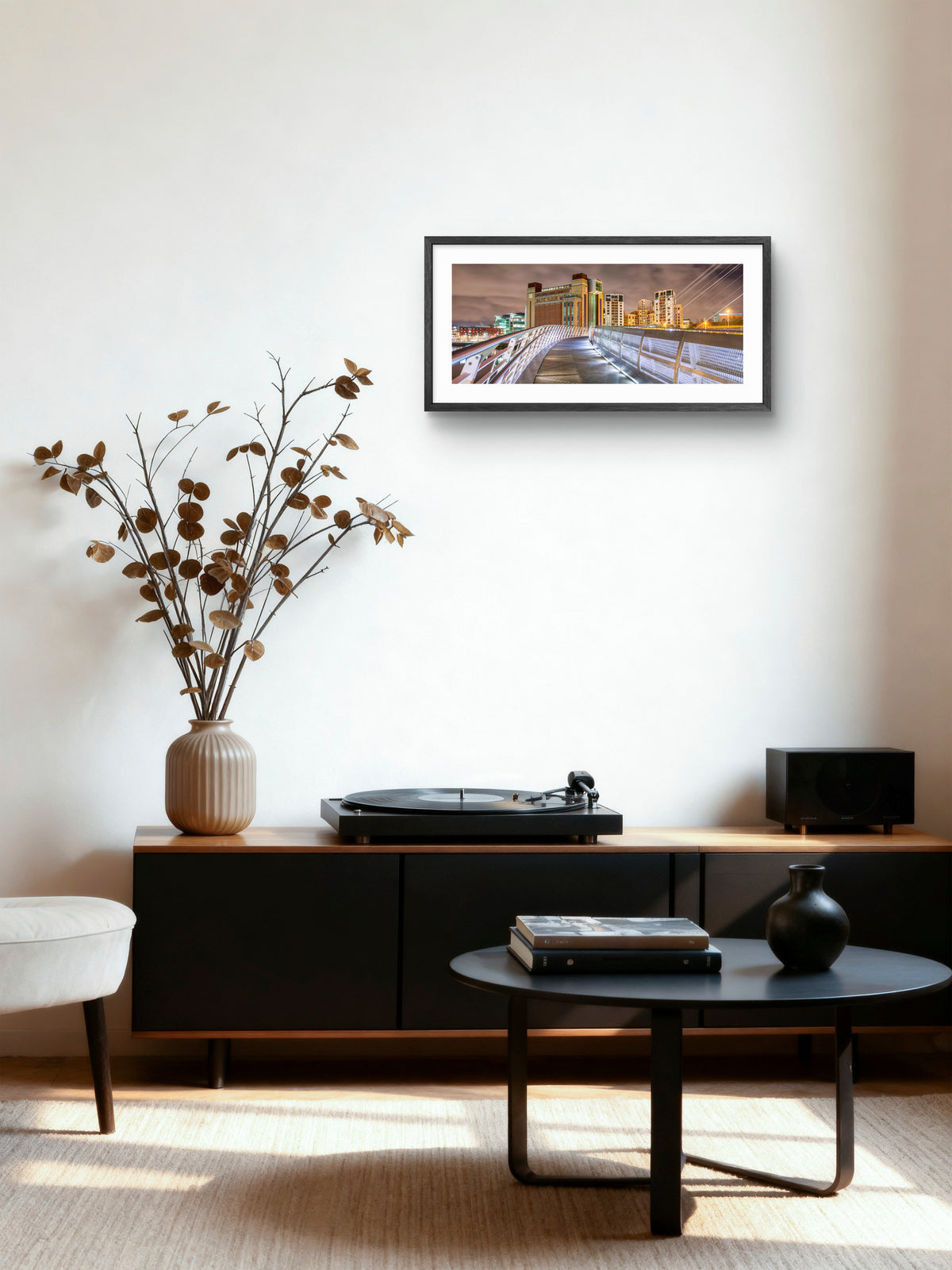 Baltic & Millennium Bridge at Night panoramic print — room display example