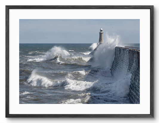 Tynemouth Pier - Waves Crashing Against Pier - Tynemouth shown as a framed photographic print.