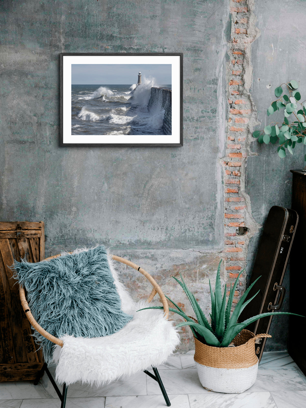 Tynemouth Pier - Waves Crashing Against Pier - Tynemouth wall art displayed in a styled room setting.
