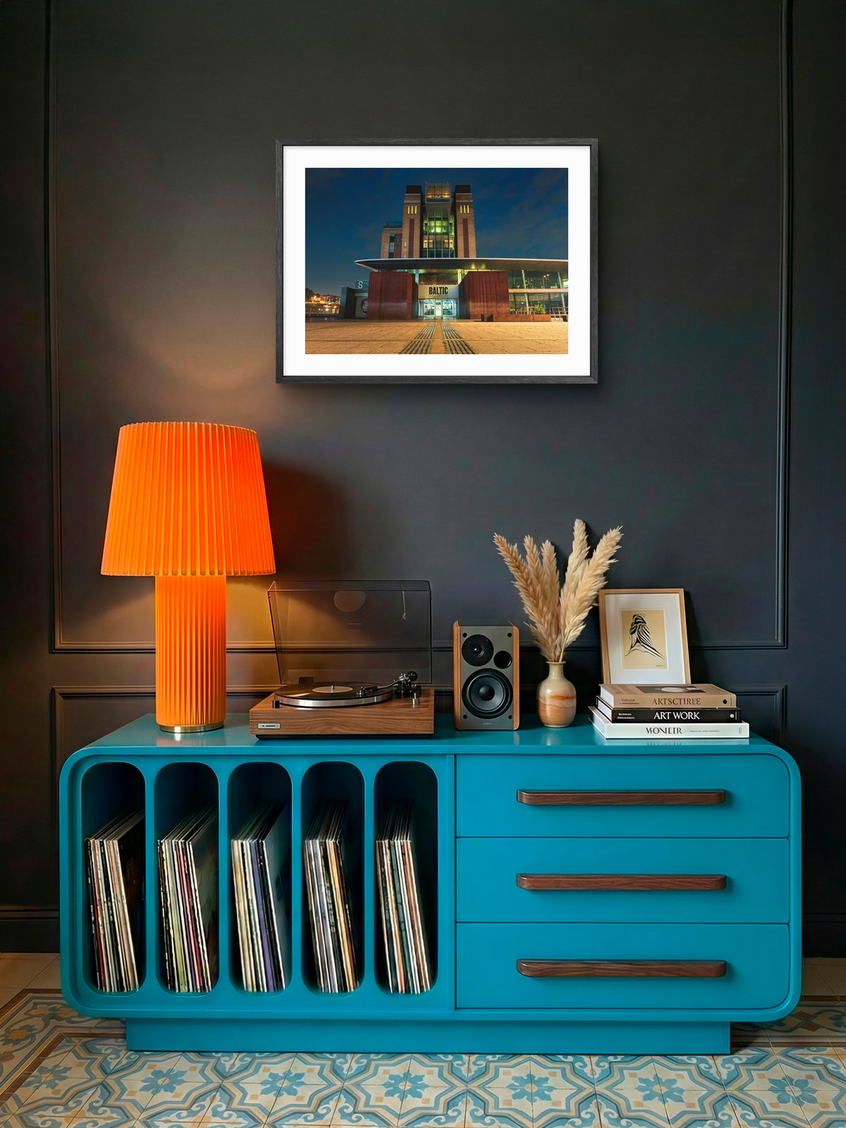 Baltic Centre and Gateshead Quayside wall art displayed above a blue desk.