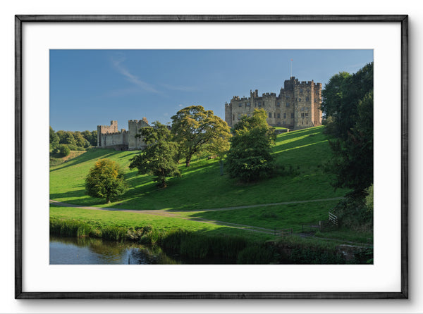 Castle on a hill with green trees and a river in the foreground, framed picture.