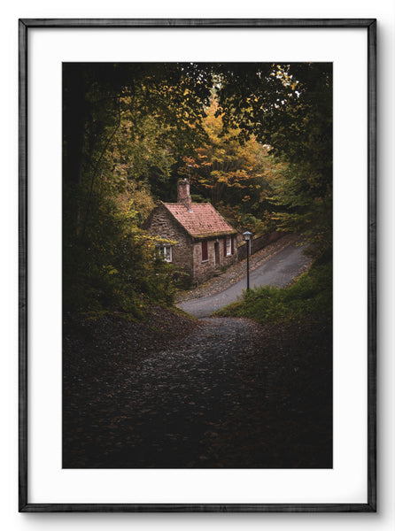 Framed artwork of a small house nestled among trees on a hillside.