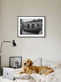 Dog lying on a bed with a framed picture of a bridge on the wall above.