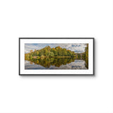 Framed artwork of a landscape with trees and water reflection on a white background