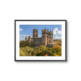 Framed photograph of a cathedral with trees and blue sky.