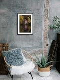 Cozy corner with a chair, plant, and framed picture on a textured wall.