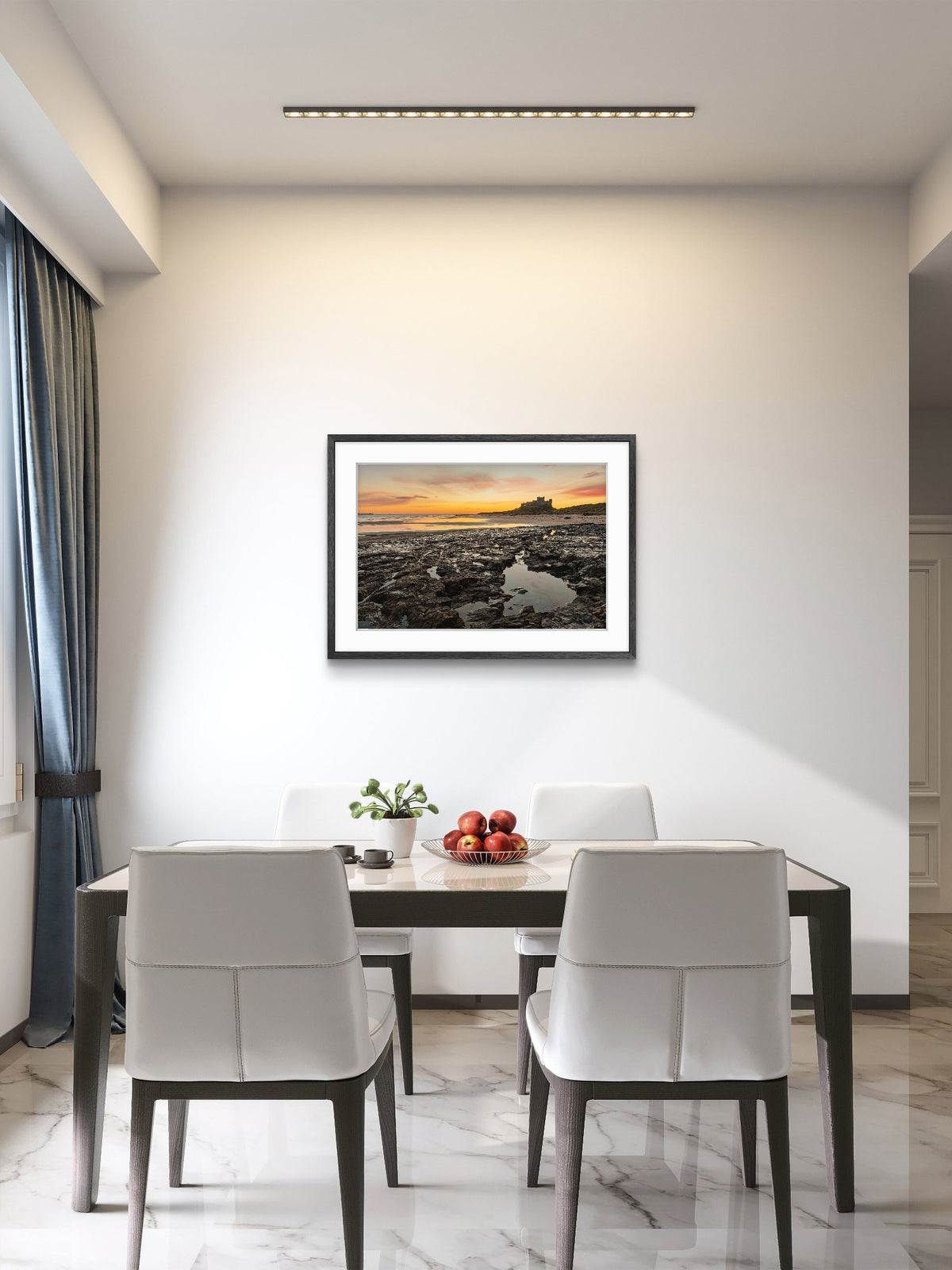 Modern dining room with a framed artwork on the wall