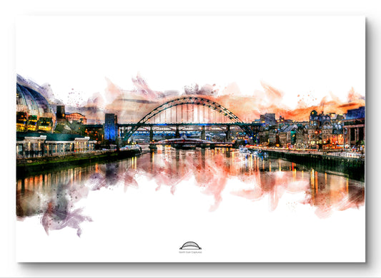 A watercolor-style cityscape print featuring a large arched bridge over a river, with buildings and warm sunset tones reflected in the water. The artwork is presented on a white background with a small logo at the bottom center.