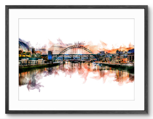 Framed watercolor art print of the Newcastle cityscape with the River Tyne and a large arch bridge, shown in a black frame with white matting.
