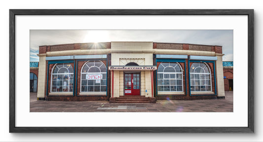 Rendezvous Cafe, Whitley Bay panoramic print — black frame and white mount