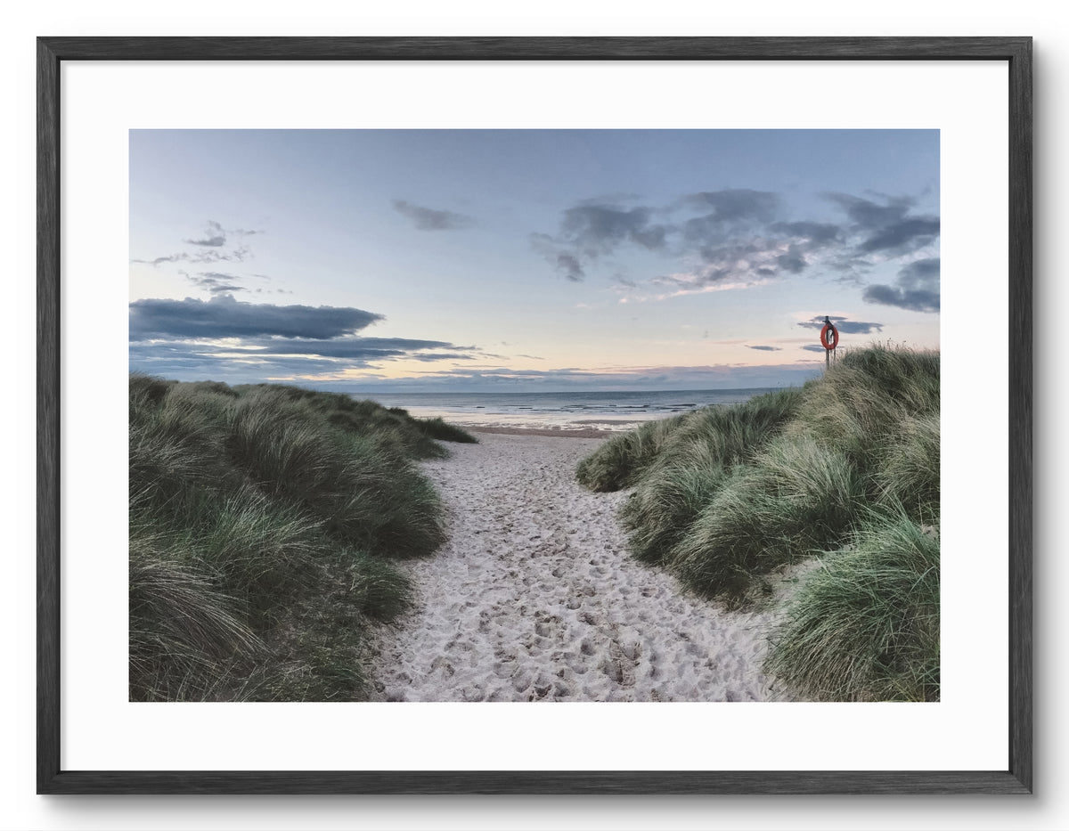 Northumberland Beach - Grass Covered Sand Dunes and Path - Northumberland shown as a framed photographic print.
