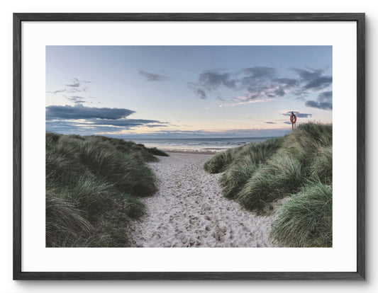 Northumberland Beach - Grass Covered Sand Dunes and Path - Northumberland shown as a framed photographic print.