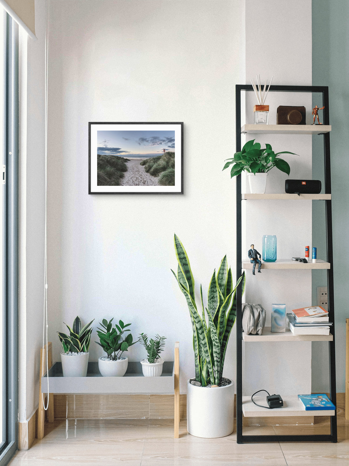 Northumberland Beach - Grass Covered Sand Dunes and Path - Northumberland wall art displayed in a styled room setting.