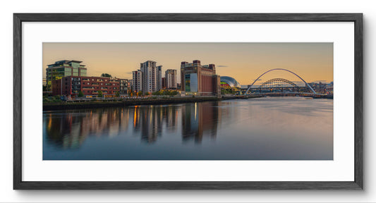 Gateshead Quayside & Bridge at Sunset panoramic print — black frame and white mount