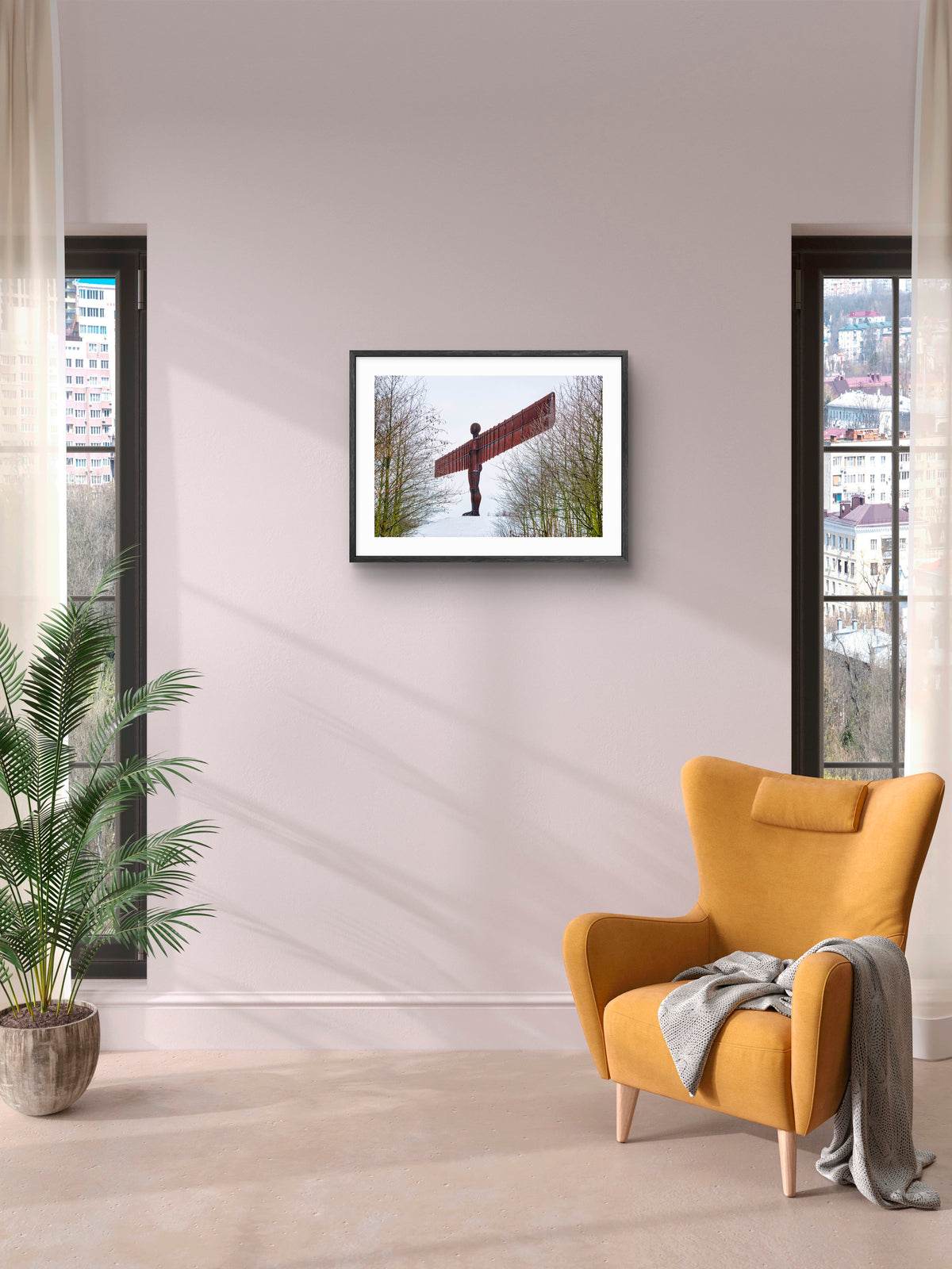 The Angel of the North - Snow - Gateshead wall art displayed in a styled room setting.