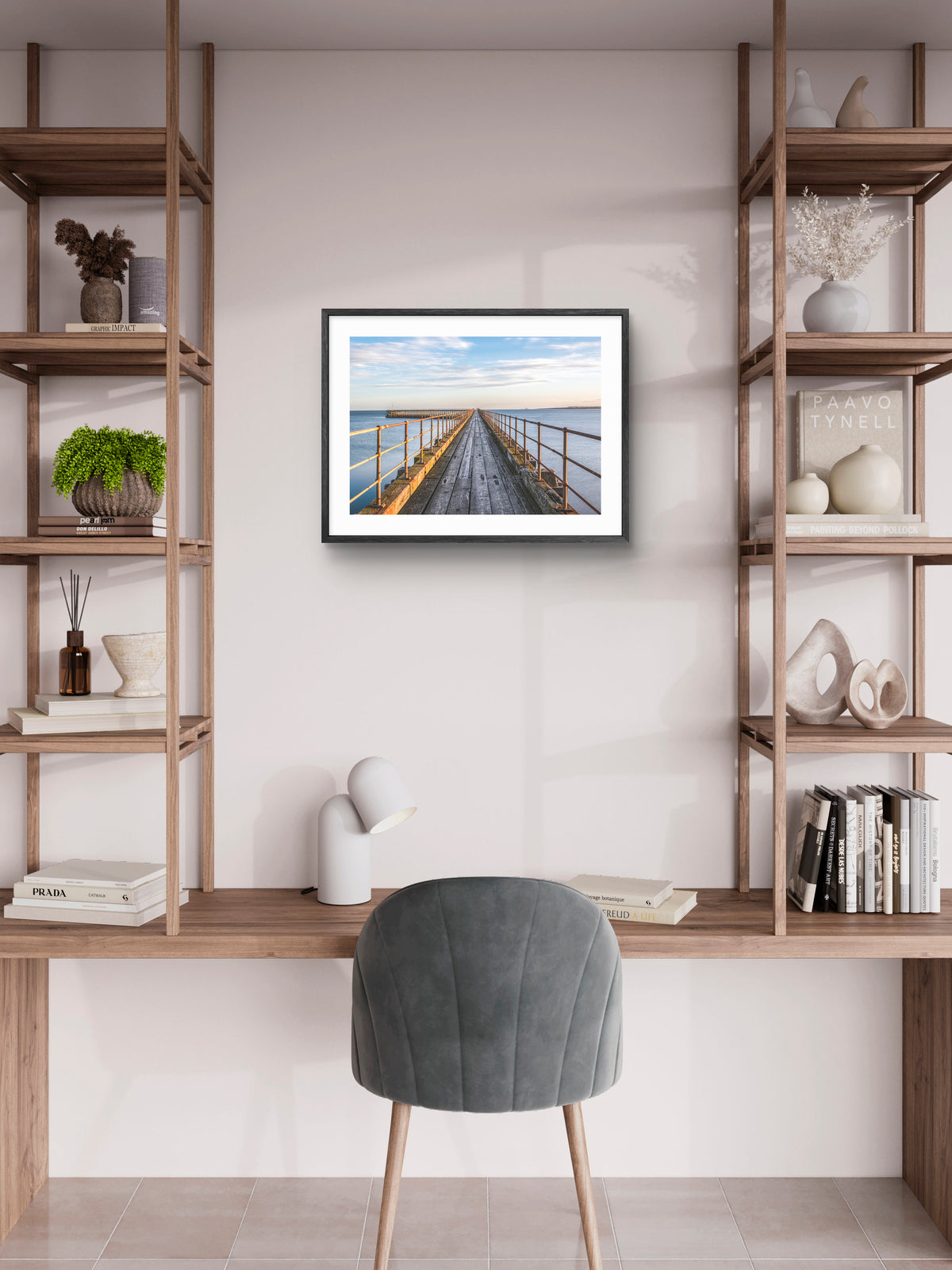 Blyth South Pier on the Northumberland coast wall art displayed in a styled room setting.