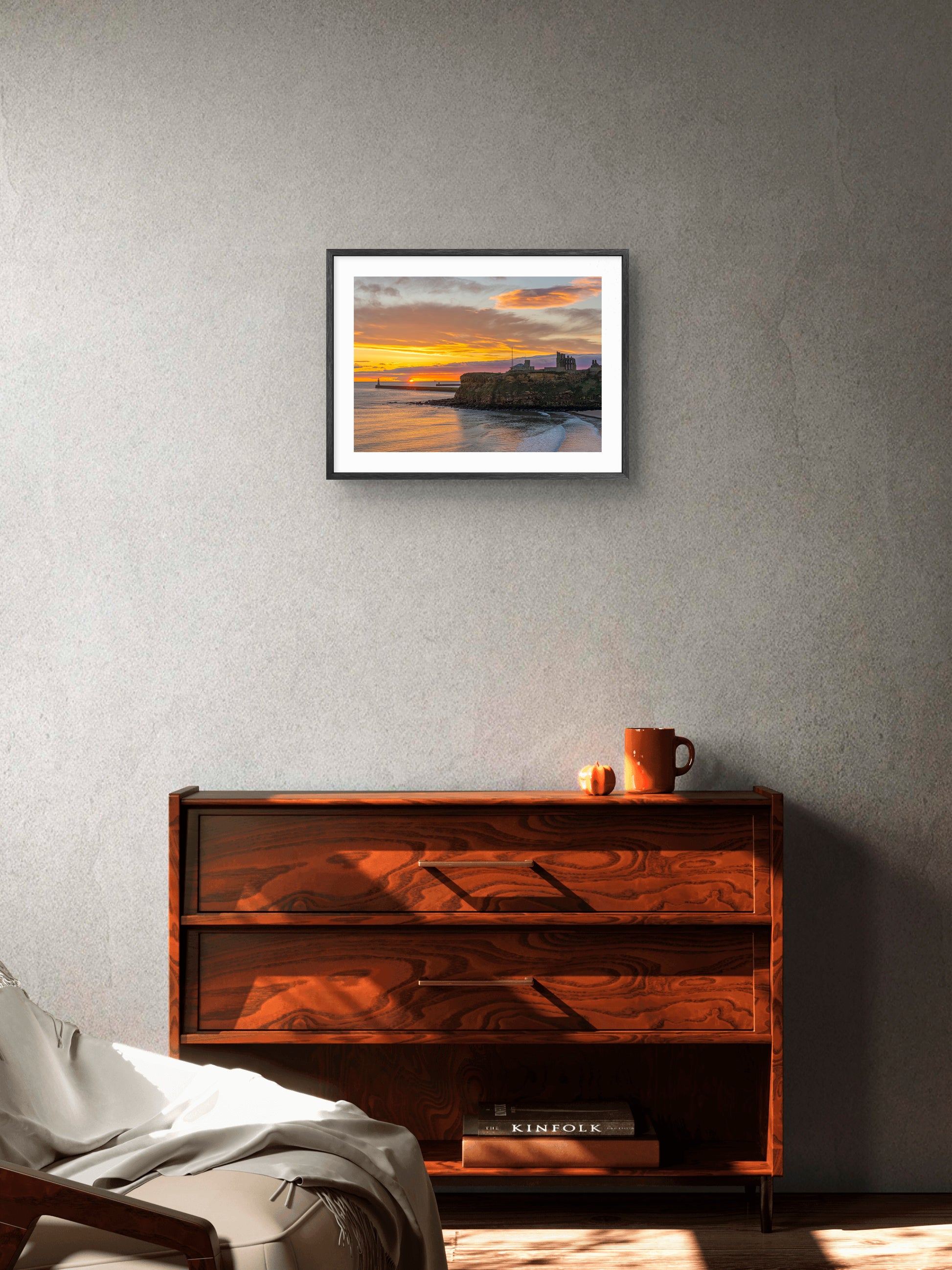 King Edwards Bay - Tynemouth Pier - Sunrise - Tynemouth wall art displayed in a styled room setting.