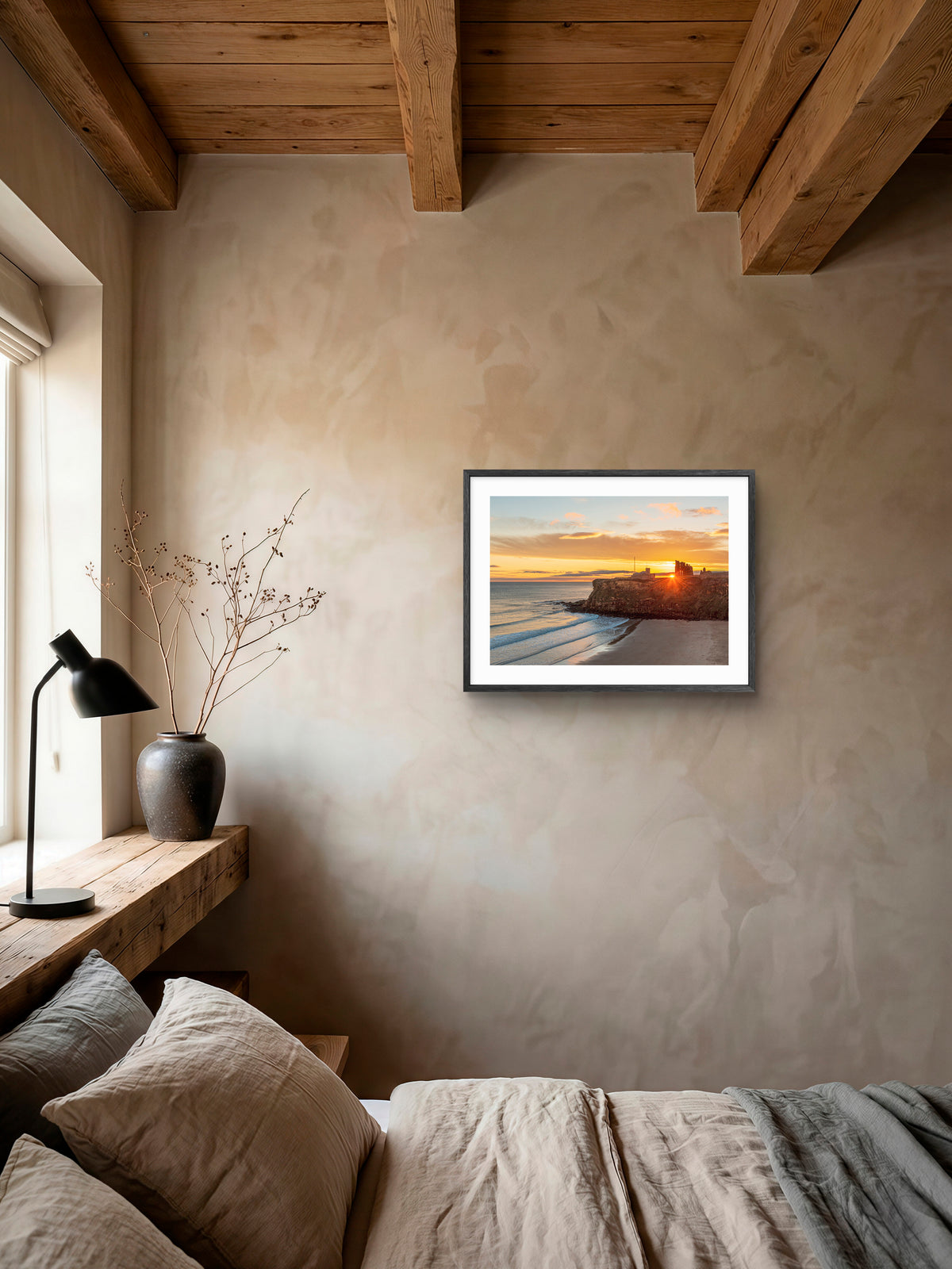 King Edwards Bay - Tynemouth Priory Sunrise - Tynemouth wall art displayed in a styled room setting.