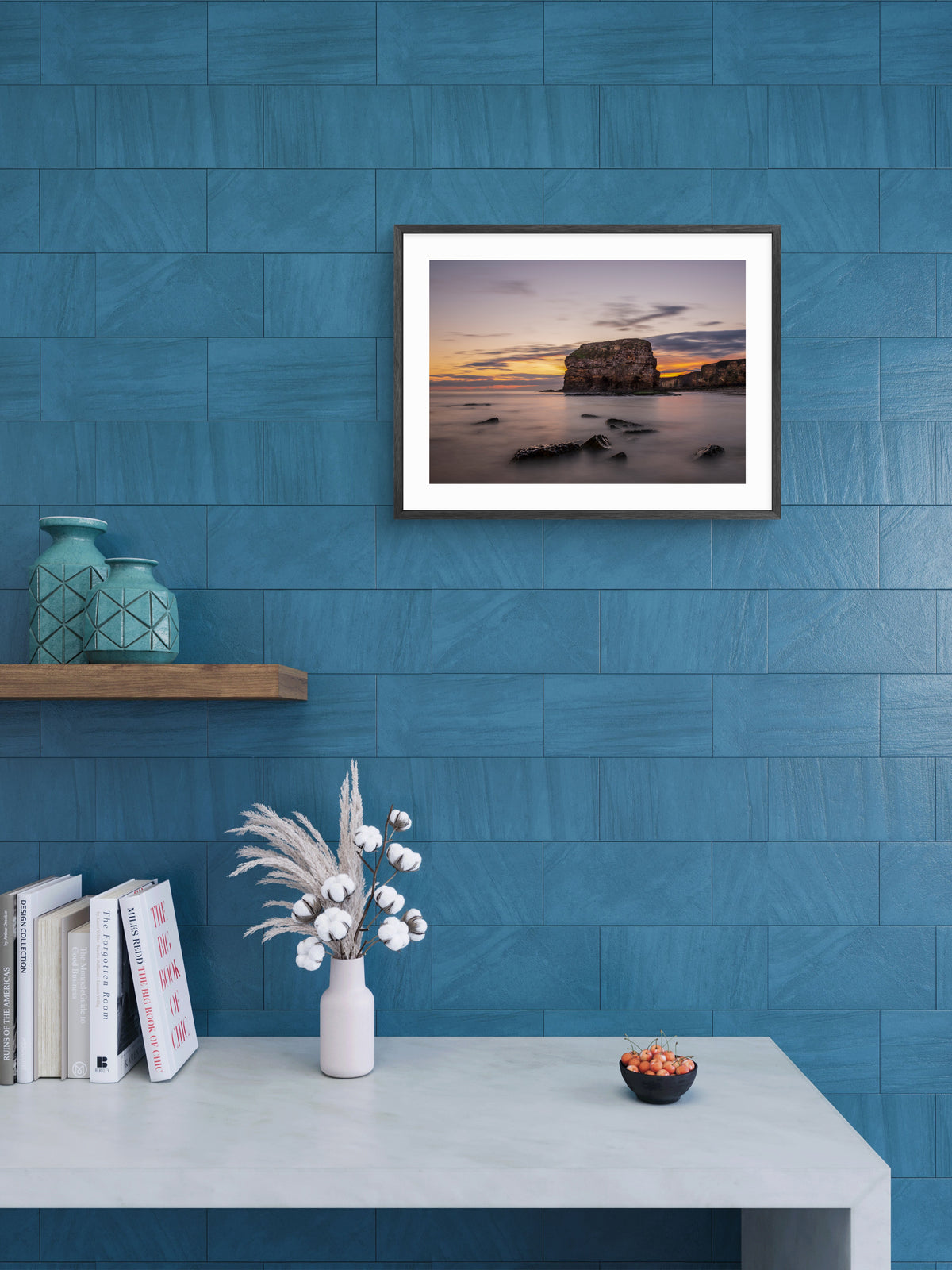 Marsden Rock - Long Exposure Sunrise - Mardsen - South Tyneside wall art displayed in a styled room setting.