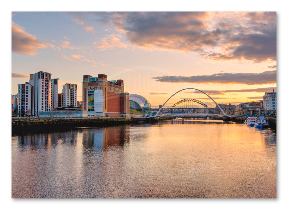 The Quayside and Bridges - Sunset - Newcastle - Gateshead shown as a canvas print.