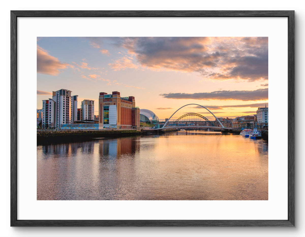The Quayside and Bridges - Sunset - Newcastle - Gateshead shown as a framed photographic print.