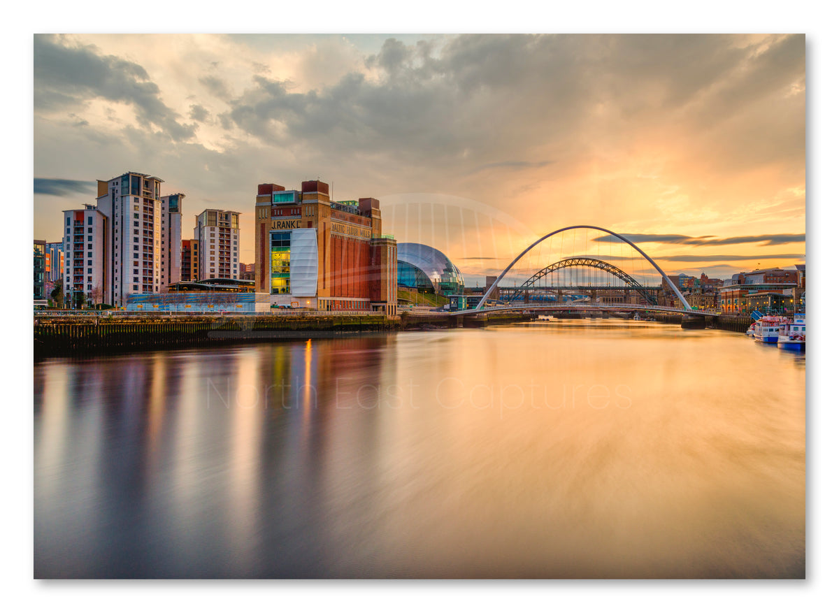 The Quayside - Millennium Bridges - Sunset - Newcastle - Gateshead shown as a canvas print.