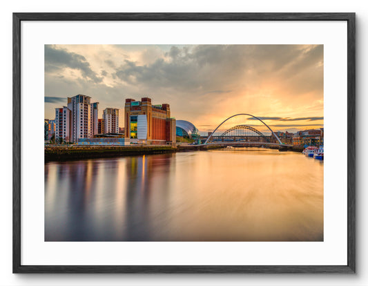 The Quayside - Millennium Bridges - Sunset - Newcastle - Gateshead shown as a framed photographic print.