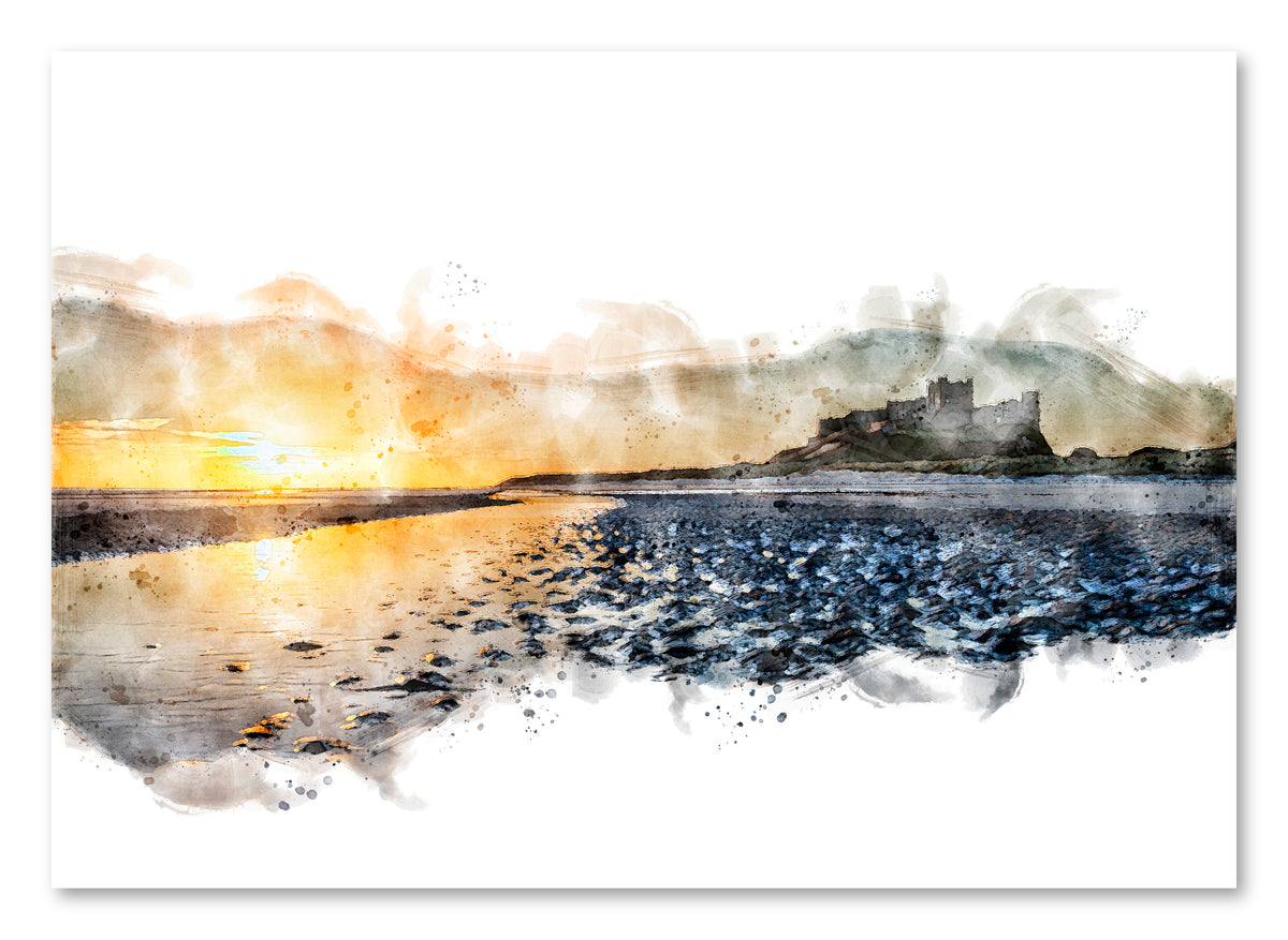 Bamburgh Castle - Sunrise at Bamburgh, Digital Watercolour, Northumberland