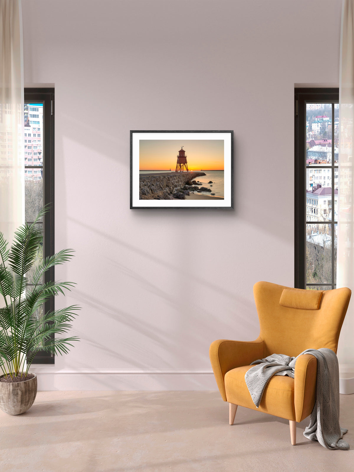 Herd Groyne Lighthouse - Sunrise - South Shield - South Tyneside wall art displayed in a styled room setting.