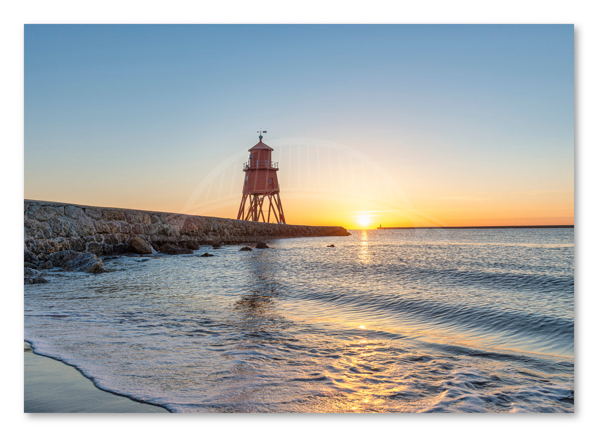 Herd Groyne Lighthouse - Sand Haven Beach Sunrise - South Shield shown as a canvas print.
