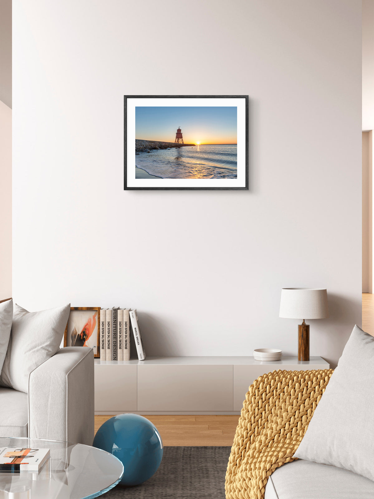 Herd Groyne Lighthouse - Sand Haven Beach Sunrise - South Shield wall art displayed in a styled room setting.