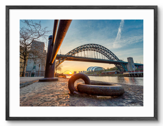 Quayside & Tyne Bridge Sunrise with Mooring Ring Print shown as a framed photographic print.