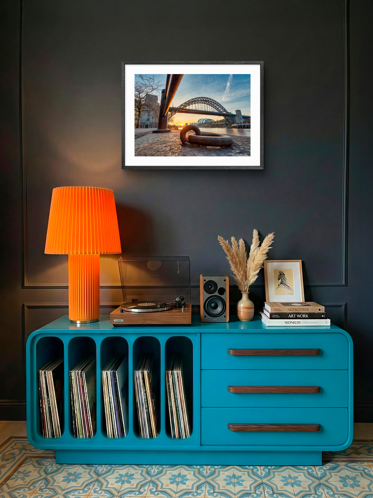 Quayside & Tyne Bridge Sunrise with Mooring Ring Print wall art displayed in a styled room setting.