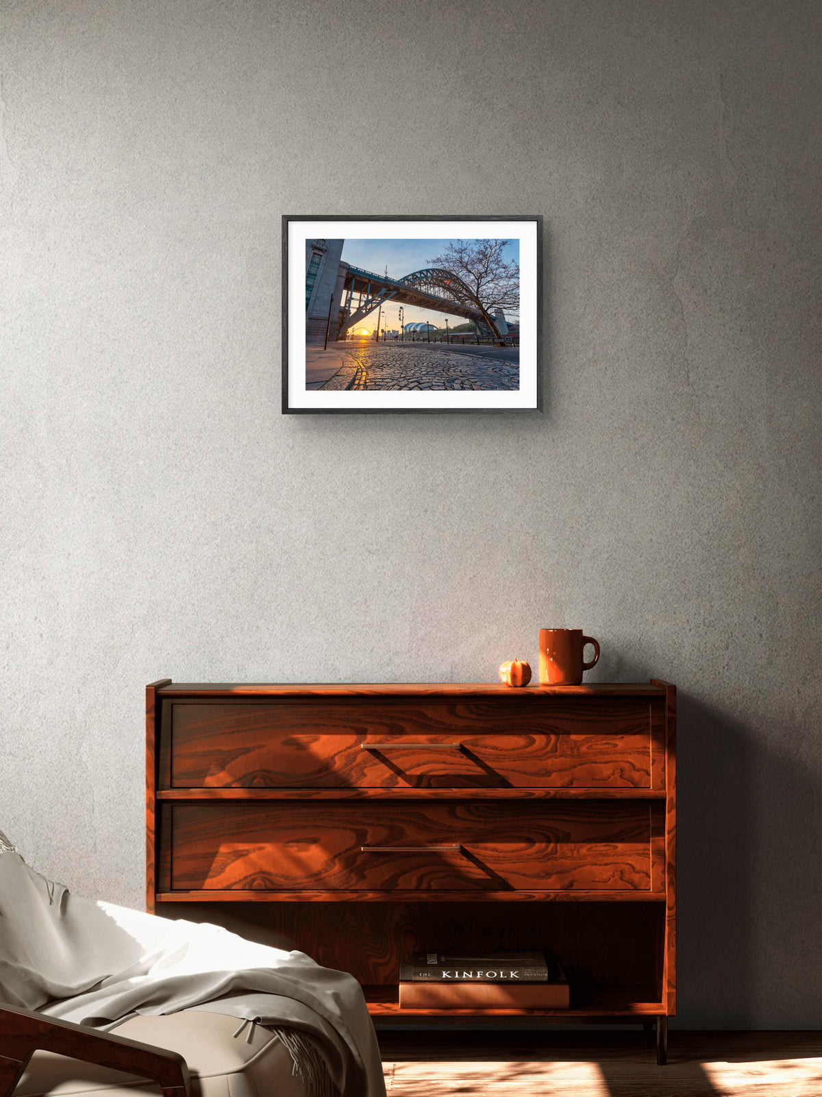 Newcastle Quayside Sunrise with Tyne Bridge & Cobbles wall art displayed in a styled room setting.